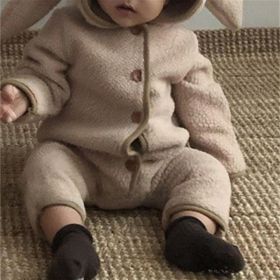 Cute Rabbit Ears Lamb Hair Hooded Outdoor Climbing Suit (Option: Khaki-65cm)