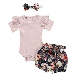 Girl Baby Set Short Sleeved Jumpsuit Crawling Suit Floral Shorts Headwear (Option: Lotus Pink Royal Blue-100cm)