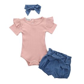 Girl Baby Set Short Sleeved Jumpsuit Crawling Suit Floral Shorts Headwear (Option: Pink denim-70cm)