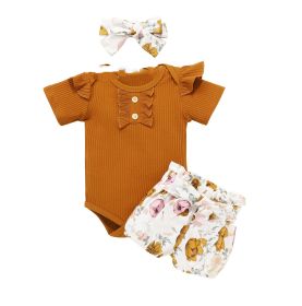 Short Sleeved Romper Waistband Printed Shorts Headwear (Option: Chocolate-70cm)