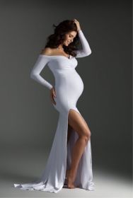 Cotton Maternity V-neck Slit Tail Dress (Option: White-S)