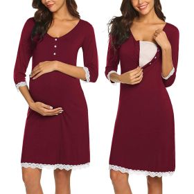 Pregnant Women Breastfeeding Five-point Sleeve Dress (Option: Red wine-M)