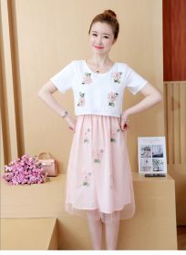 Summer Korean Fashion Mid-Length Short-Sleeved Fake Two-Piece Breastfeeding Plus Size Dress (Option: Pink-M)