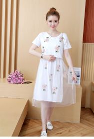 Summer Korean Fashion Mid-Length Short-Sleeved Fake Two-Piece Breastfeeding Plus Size Dress (Option: White-XL)