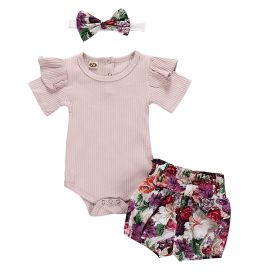 Girl Baby Set Short Sleeved Jumpsuit Crawling Suit Floral Shorts Headwear (Option: Lotus pink purple flowers-100cm)