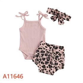 Flower Print Sling Romper Shorts Headscarf Three-piece Set (Option: Pink Leopard Print-70cm)
