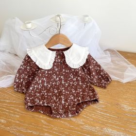 Cotton Double-layer Yarn Floral Onesie Romper Baby Romper Hundred Days Banquet Clothes (Option: Brown Floral-66cm)