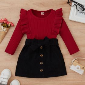 Autumn And Winter Girls' Suit Flounced Sleeve Top Corduroy Skirt (Option: Red-120)