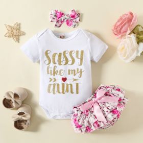 Letter Printed Romper Floral Skirt Headrope Three Piece Set (Option: White-70cm)