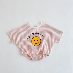 Summer Baby Children's Cotton Short Sleeve Rompers Printed Striped Romper (Option: Pink White-66cm)