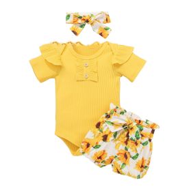 Short Sleeved Romper Waistband Printed Shorts Headwear (Option: Yellow-100cm)
