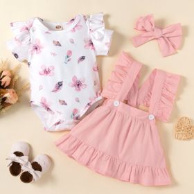 Flower Printed Short Sleeved Top With Straps Skirt Headwear Three Piece Set (Option: Pink-70cm)