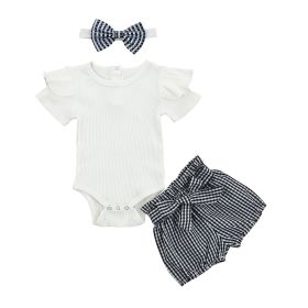Girl Baby Set Short Sleeved Jumpsuit Crawling Suit Floral Shorts Headwear (Option: White grid-70cm)