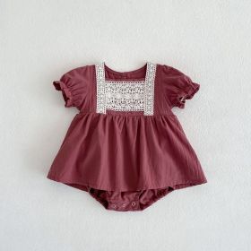 Infants And Children Baby Girls Lace Bubble Short-sleeved Jumpsuit (Option: Rose Red-66cm)