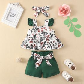 Girls' Fashion Flounced Sleeve Top And Shorts Three-piece Suit (Option: Green-80)