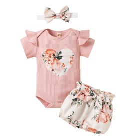 Love Short Sleeve Flying Sleeve Romper Fragmented Flower Shorts Headknot Set (Option: Pink-90cm)