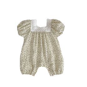 Baby Girl Lace Trim Floral Square Neck Bodysuit (Option: Dark Grey-90cm)