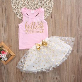 Girls' Printed Vest Polka Dot Printed Skirt Suit (Option: Pink-110cm)