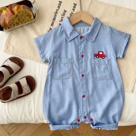 Infant Children's Short-sleeved Cartoon Lapel Shorts Romper Cute Casual One-piece (Option: Light Blue-90)