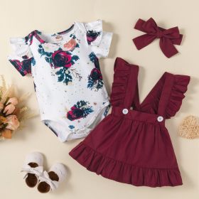 Flower Printed Short Sleeved Top With Straps Skirt Headwear Three Piece Set (Option: Wine Red-70cm)