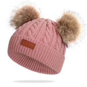 Cute Double Wool Pompom Baby Hat Children Cap Warm Autumn Winter Hats For Kids Boys Girls Knitted Warmer Beanie Caps Bonnet (Color: Pink, size: 0-3 Years)