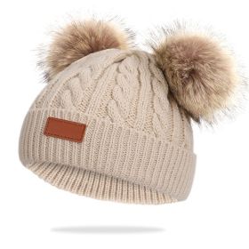 Cute Double Wool Pompom Baby Hat Children Cap Warm Autumn Winter Hats For Kids Boys Girls Knitted Warmer Beanie Caps Bonnet (Color: Khaki, size: 0-3 Years)