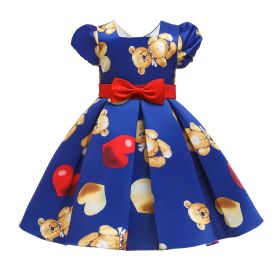 Baby Girl Cartoon Bear Pattern Puff Sleeves Princess Formal Dress (Color: Navy Blue (Dark Blue), Size/Age: 100 (2-3Y))