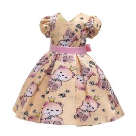 Baby Girl Cartoon Bear Pattern Puff Sleeves Princess Formal Dress (Color: Yellow, Size/Age: 130 (7-8Y))