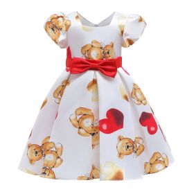 Baby Girl Cartoon Bear Pattern Puff Sleeves Princess Formal Dress (Color: White, Size/Age: 120 (5-7Y))
