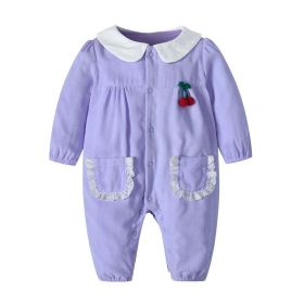 Baby Girl 3D Cherry Patched Patttern Lace Patchwork Button Front Design Romper (Color: Purple, Size/Age: 90 (12-24M))