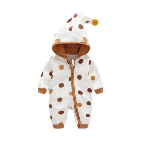 Baby Polka Dot Pattern Button Front Design Fleece Warm Rompers With Hat (Color: Brown, Size/Age: 80 (9-12M))