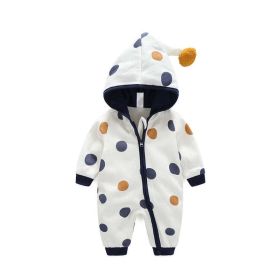 Baby Polka Dot Pattern Button Front Design Fleece Warm Rompers With Hat (Color: Blue, Size/Age: 90 (12-24M))