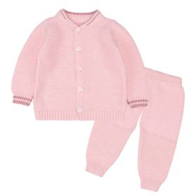 Baby Solid Color Striped Cuff Design Cardigan With Solid Trousers Sets (Color: Pink, Size/Age: 73 (6-9M))