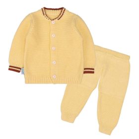 Baby Solid Color Striped Cuff Design Cardigan With Solid Trousers Sets (Color: Yellow, Size/Age: 73 (6-9M))