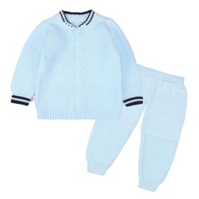 Baby Solid Color Striped Cuff Design Cardigan With Solid Trousers Sets (Color: Blue, Size/Age: 66 (3-6M))