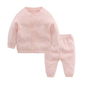Baby Solid Color Knitted Cardigan Combo Trousers 1 Pieces Sets (Color: Pink, Size/Age: 90 (12-24M))