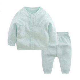 Baby Solid Color Knitted Cardigan Combo Trousers 1 Pieces Sets (Color: Green, Size/Age: 80 (9-12M))
