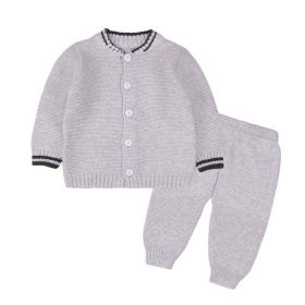 Baby Solid Color Striped Cuff Design Cardigan With Solid Trousers Sets (Color: Grey, Size/Age: 66 (3-6M))