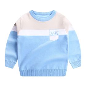 Boy Logo Embroidered Pattern Contrast Design Pullover College Style Sweater (Color: Blue, Size/Age: 150 (10-12Y))