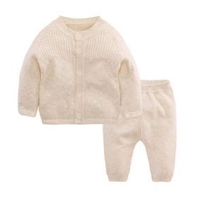 Baby Solid Color Knitted Cardigan Combo Trousers 1 Pieces Sets (Color: Apricot, Size/Age: 73 (6-9M))
