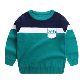 Boy Logo Embroidered Pattern Contrast Design Pullover College Style Sweater (Color: Green, Size/Age: 150 (10-12Y))