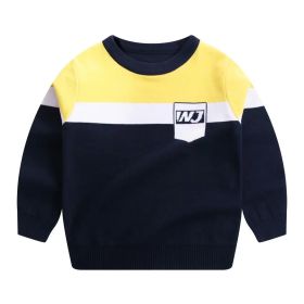 Boy Logo Embroidered Pattern Contrast Design Pullover College Style Sweater (Color: Yellow, Size/Age: 150 (10-12Y))