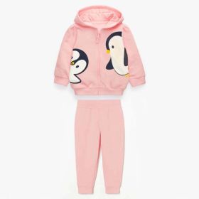 Baby Girl Cartoon Penguin Pattern Zipper Front Coat With Hat Combo Trousers Sets (Color: Pink, Size/Age: 90 (12-24M))