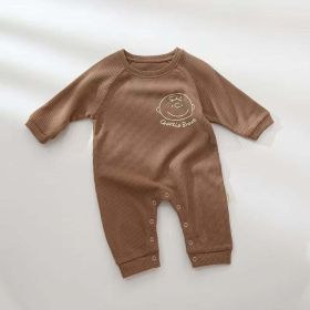 Baby Girl Cartoon Print Pattern Waffle Knitted Fabric Long Sleeved Romper (Color: Coffee, Size/Age: 66 (3-6M))