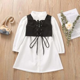 Baby Girl Solid Color Long Sleeved Dress With A Belt Tied (Color: Black, Size/Age: 90 (12-24M))