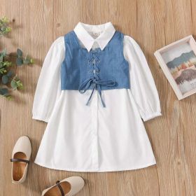Baby Girl Solid Color Long Sleeved Dress With A Belt Tied (Color: Blue, Size/Age: 110 (3-5Y))