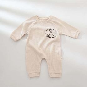 Baby Girl Cartoon Print Pattern Waffle Knitted Fabric Long Sleeved Romper (Color: Apricot, Size/Age: 66 (3-6M))