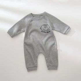 Baby Girl Cartoon Print Pattern Waffle Knitted Fabric Long Sleeved Romper (Color: Grey, Size/Age: 80 (9-12M))