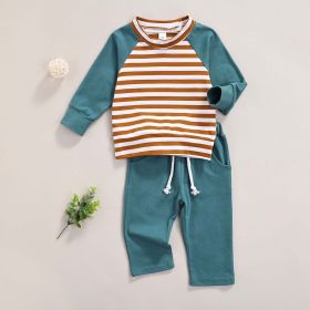 Baby Striped Pattern Contrast Design Hoodies Combo Solid Pants Sets (Color: Blue, Size/Age: 73 (6-9M))