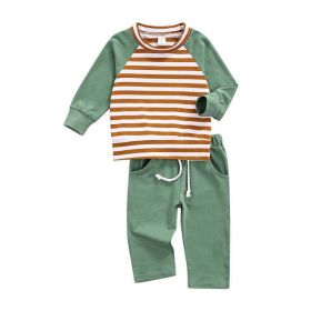 Baby Striped Pattern Contrast Design Hoodies Combo Solid Pants Sets (Color: Green, Size/Age: 80 (9-12M))